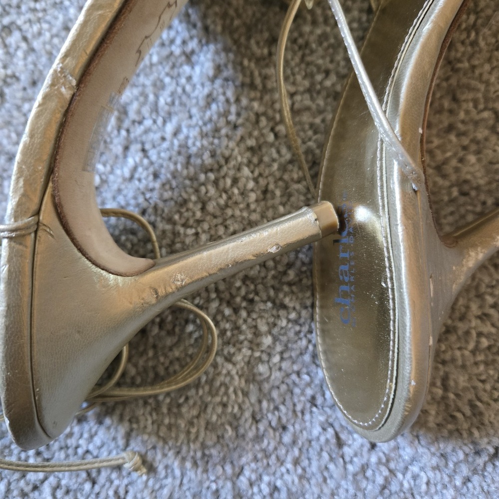 Charles By Charles David Leather Gold Heels Sz 10 Wraparound Strap Lace Up - Picture 8 of 12